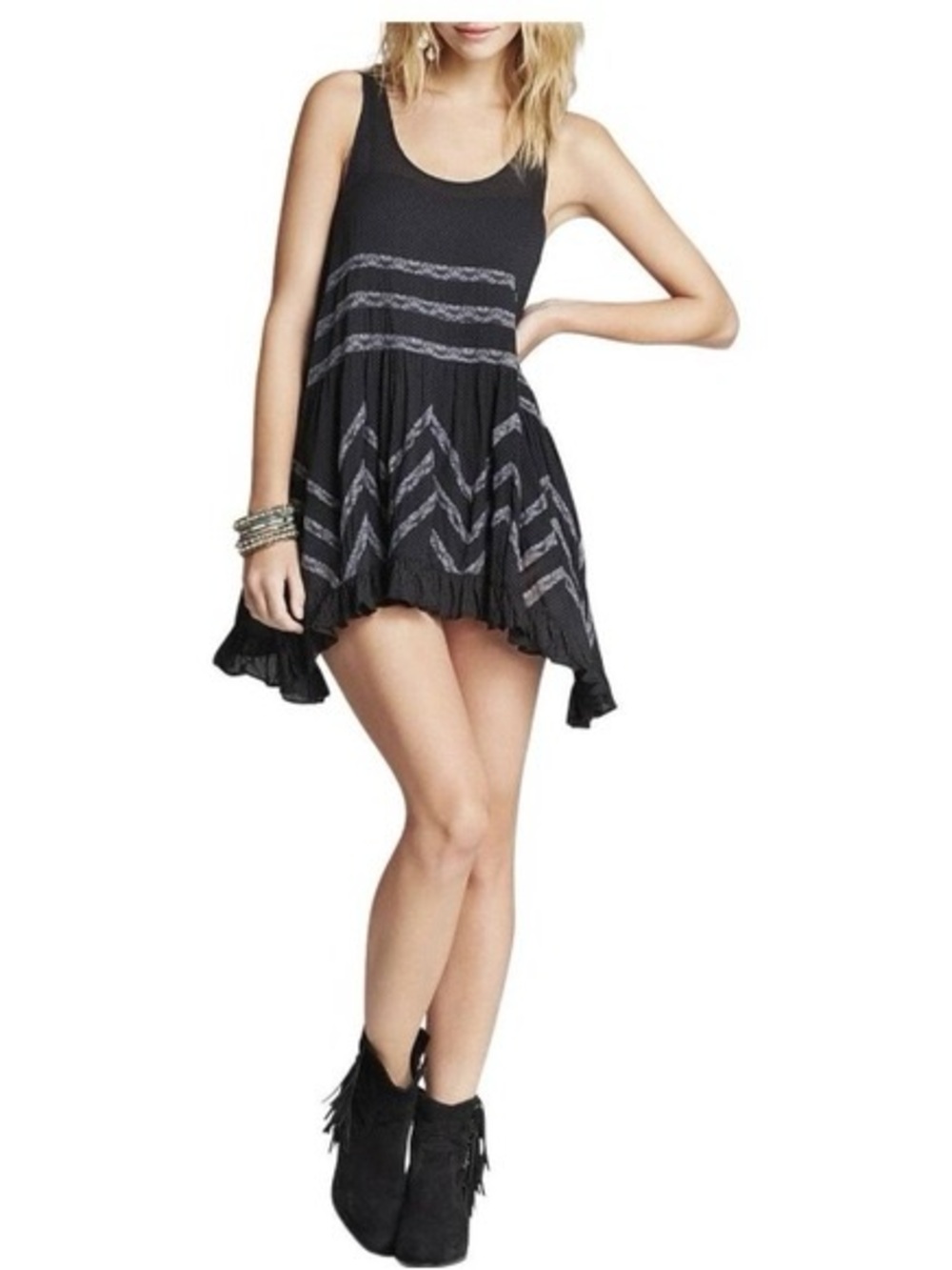 Free People Intimately Voile & Lace Trapeze Slip Dress Black S
